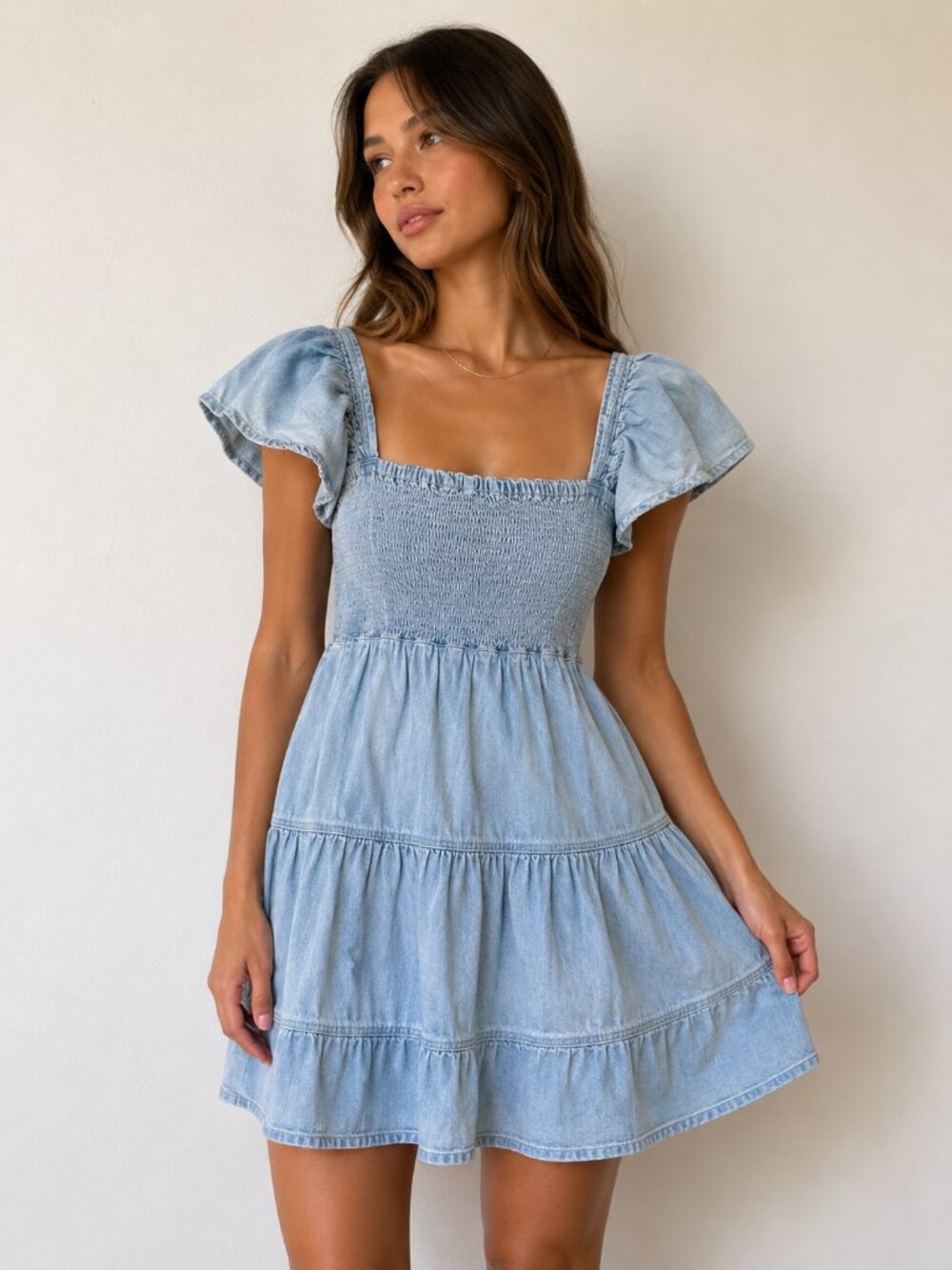 $79 MNG Mango Denim Smocked Puff Sleeve Mini Dress Size 2